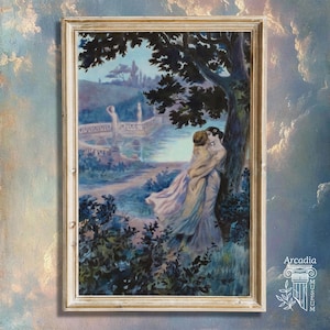 May include: A framed painting depicting two figures embracing under a large tree in a garden setting at twilight. The scene features a stone balustrade, a calm body of water, and distant statues. The colour palette includes shades of blue, violet, and soft pink.