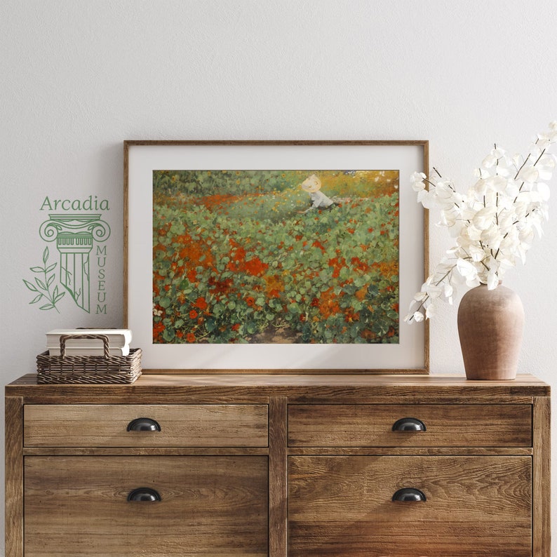 Poppy Meadow Painting, Vintage Cottagecore Landscape Print, Spring Summer Modern Farmhouse Home Decor, Cottage Garden Poster Printed Shipped image 2