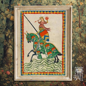May include: A framed medieval-style illustration featuring a crowned figure riding a green horse adorned with heraldic shields. The rider holds a long spear and a flaming torch. The artwork is bordered by a red, yellow, and blue diamond pattern.