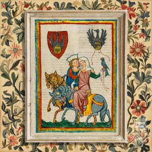 May include: A framed medieval-style manuscript illustration featuring two figures riding horses, one holding a bird. Above them is a red shield with a helmet crest and a separate winged helmet. The artwork is bordered by a floral tapestry pattern.