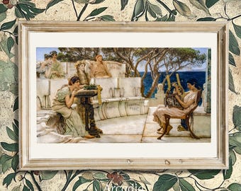 Sappho et Alcée, impression d'Alma-Tadema, peinture vintage saphique, affiche lesbienne, portrait de Sappho de Lesbo, scène grecque antique, poésie