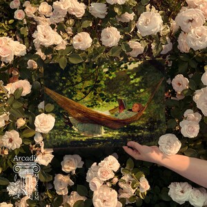 May include: A rectangular art print depicting a person reading a book while resting in a hammock suspended between trees, held against a backdrop of numerous pale pink roses. The print features a logo with the text Arcadia and a column icon.