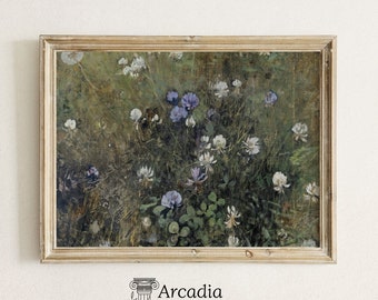 Arte della parete pittura prato primaverile, poster di paesaggio di campo di campagna, stampa d'arte verde tenue, decorazione per la casa estiva della fattoria, arte del giardino di fiori