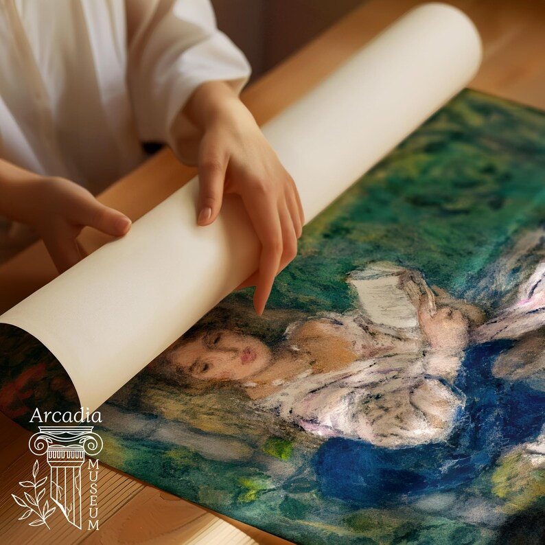 May include: A rolled-up art print featuring an impressionist-style painting of a person reading, with visible brushstrokes in shades of deep blue, green, and soft skin tones. The print includes the text Arcadia Museum with a column icon.