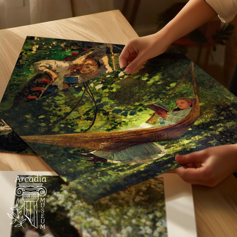 May include: A rectangular art print featuring a painting of a person reading in a hammock surrounded by lush green foliage. The print displays deep forest greens, golden light, and a person in light clothing. The Arcadia Museum logo is visible.