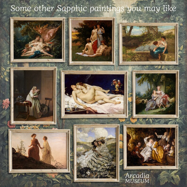 May include: A collage of nine framed paintings featuring various figures in outdoor and indoor settings, with the text "Some other Sapphic paintings you may like" at the top and "Arcadia MUSEUM" at the bottom, set against a floral wallpaper background.