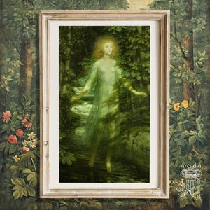 The Moon Maiden, Frank Dicksee Druck, Mädchen im Wald Poster, Grünes Sonnenlicht Wandbild, Nymphe Im Wald Gemälde