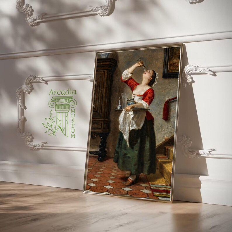 Puede incluir: Una l&aacute;mina art&iacute;stica enmarcada que muestra a una persona con corpi&ntilde;o rojo, blusa blanca y falda verde oscuro sosteniendo una bandeja de plata con cristaler&iacute;a mientras bebe de una copa. La escena incluye un armario de madera y escaleras, con el texto Arcadia Museum.