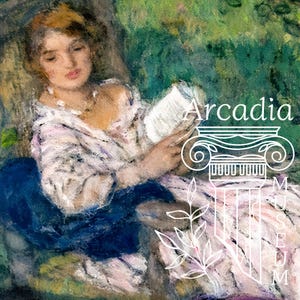 May include: An impressionist painting of a person with reddish-brown hair reading a white book, wearing a white blouse with purple accents and a dark blue skirt. The text Arcadia Museum is overlaid with a white line drawing of a classical column.