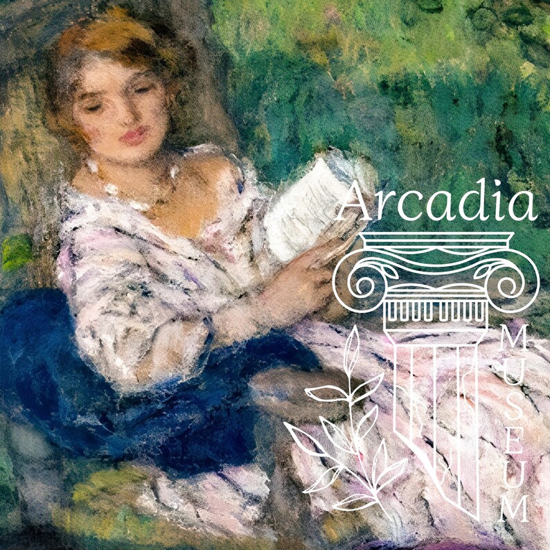 May include: An impressionist painting of a person with reddish-brown hair reading a white book, wearing a white blouse with purple accents and a dark blue skirt. The text Arcadia Museum is overlaid with a white line drawing of a classical column.