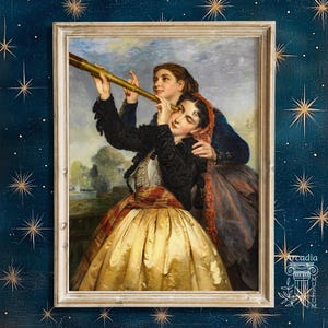 Pintura vintage de astrônomas, impressão retrô de astronomia lésbica, arte sáfica, pôster WLW, mulheres observando as estrelas com telescópio