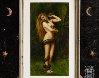 May include: A framed art print featuring a painting of a fair-skinned figure with long golden hair standing in a dark green forest. A large dark snake is coiled around the figure's body. The frame is light-colored wood with a weathered finish.