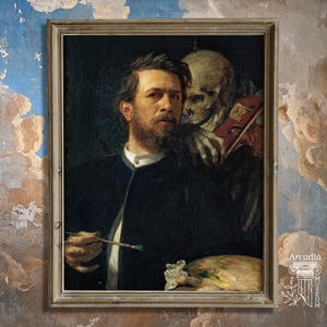 Self-Portrait With Death Playing The Fiddle, Arnold Böcklin Poster, Memento Mori Art, Dark Classical Giclée Print, Skeleton, Skull Painting