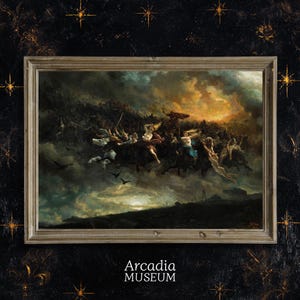 May include: A framed painting showing a dynamic scene with figures on horseback and in the sky, set against a dark, stormy backdrop. The artwork features a variety of colours, including blues, browns, and oranges, with the text "Arcadia MUSEUM" at the bottom.