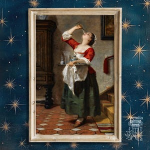 Puede incluir: Una pintura al &oacute;leo enmarcada que representa a una persona con corpi&ntilde;o rojo, delantal blanco y falda verde oscuro sosteniendo una bandeja de plata con cristaler&iacute;a. La persona inclina la cabeza hacia atr&aacute;s para beber de un vaso alto.