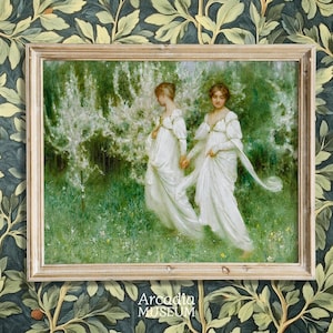 Sapphic Print, Women In Nature Poster, Lesbian Couple Wall Art, Wlw Green Painting, Cottagecore Lesbians, Innocence By Arthur Hacker