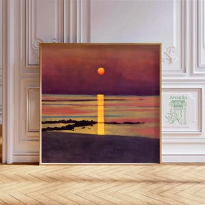 May include: A painting of a sunset over the ocean. The sky is a deep purple with streaks of pink and orange. The sun is a bright orange circle in the sky. The ocean is a dark blue with streaks of light blue and white. The painting is framed in a gold frame.