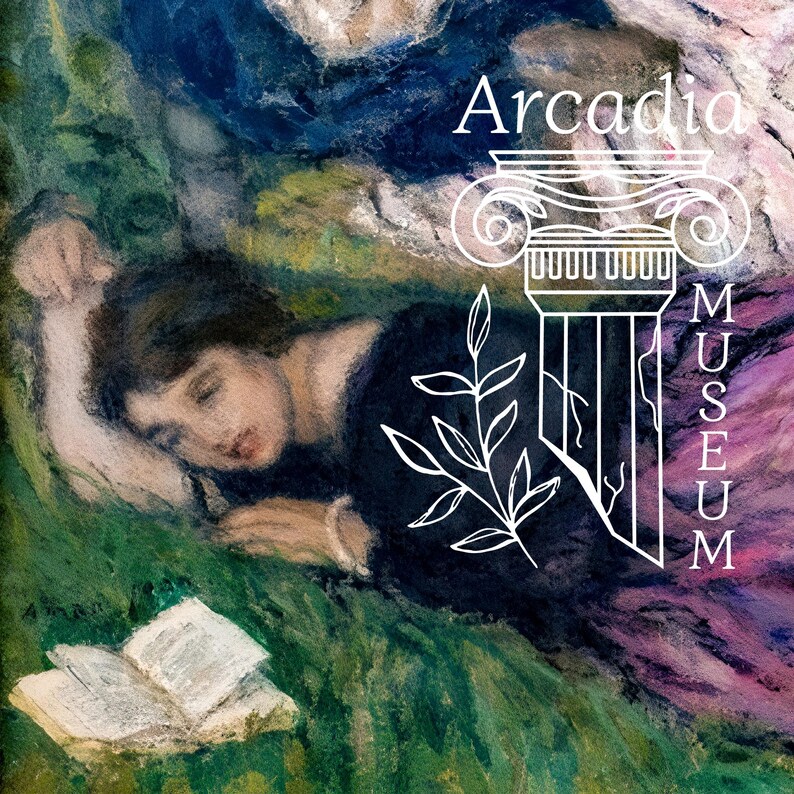 May include: An impressionist painting depicting a person resting on green grass with an open book, overlaid with a white line-art logo featuring a classical column, a leafy branch, and the text Arcadia MUSEUM in a clean, sans-serif typeface.