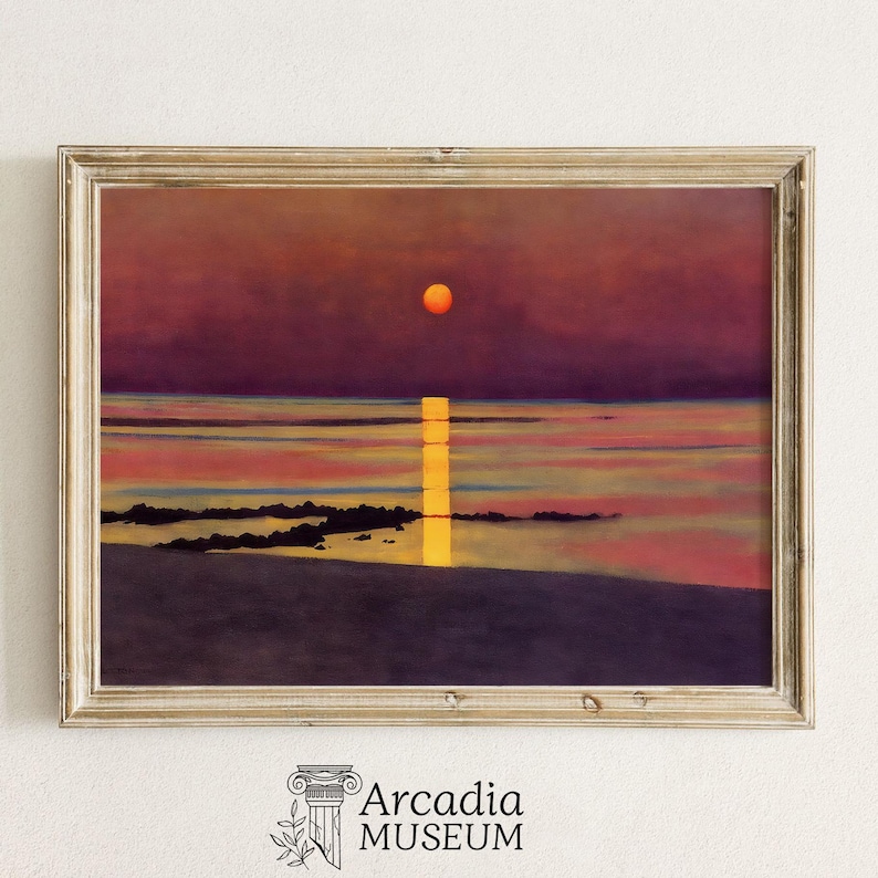 May include: A framed painting depicting a sunset over a body of water. The sky is a deep purple with a bright orange sun setting in the distance. The water is a light blue with a golden reflection of the sun. The painting is framed in a light wood frame.