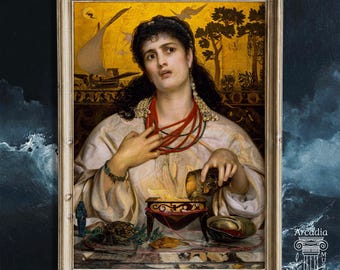 May include: A framed oil painting depicting a dark-haired figure in a white garment with red necklaces, pouring liquid into a small ornate tripod bowl over a flame. The background features a golden sky, a sailing ship, and trees in a landscape.