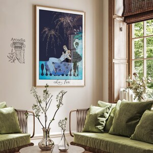 May include: A framed art print titled Le feu featuring a dark blue night sky with gold fireworks above a couple on a balcony. The woman wears a light blue dress with floral patterns. The text Arcadia Museum is printed on the left side.