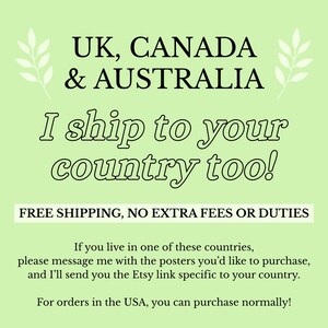 Może przedstawiać: Jasnozielona grafika informacyjna z czarnym tekstem: UK, CANADA & AUSTRALIA, I ship to your country too!, FREE SHIPPING, NO EXTRA FEES OR DUTIES oraz instrukcjami dla klient&oacute;w międzynarodowych dotyczącymi uzyskania link&oacute;w do serwisu Etsy.