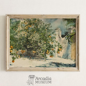 Orange Tree Watercolor Poster, Mediterranean Sunny Landscape Print, Vintage Wall Art