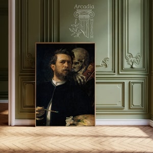 Self-Portrait with Death Playing the Fiddle by Arnold Böcklin, Memento Mori Art, Dark Academia Painting, Moody Poster, Dark Classical Print image 2
