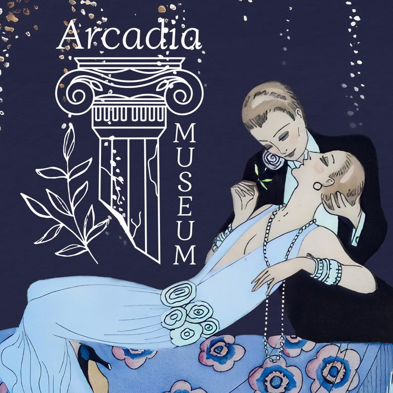 May include: A dark blue graphic illustration featuring the text Arcadia Museum above a white line-art classical column and a leafy branch. A person in a black suit embraces another person in a light blue gown with a long chain necklace.