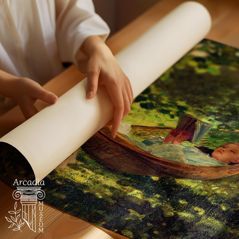 May include: A rolled canvas print featuring a painting of a person lying in a small wooden boat on water surrounded by green foliage. The print includes the text Arcadia Museum with a column icon in the bottom left corner of the image.
