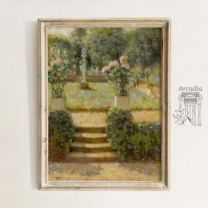 Bloeiende tuin schilderij, hortensia's bloemen vintage kunst aan de muur, lente boerderij decor, Victoriaanse land kunst, antieke cottage Wildflower afbeelding 1