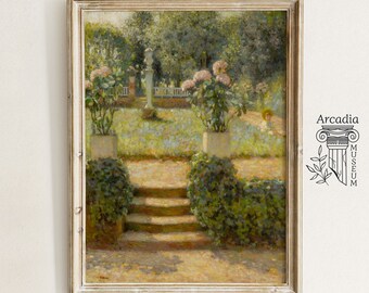 Pittura da giardino fiorito, arte da parete vintage con fiori di ortensie, arredamento primaverile in fattoria, arte country vittoriana, fiore di campo antico cottage