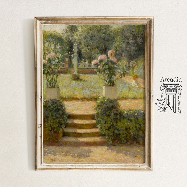 Pittura da giardino fiorito, arte da parete vintage con fiori di ortensie, arredamento primaverile in fattoria, arte country vittoriana, fiore di campo antico cottage immagine 1