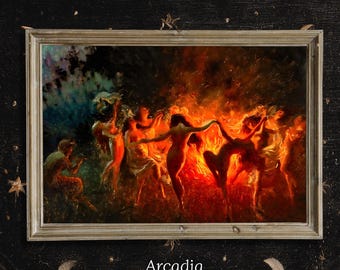 Witches Sabbath Around The Campfire, Giclée Print, Women Fire Dance Poster, Joseph Tomanek Art, Bacchanalia Painting, Halloween Decor