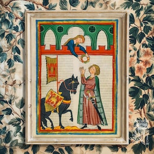 May include: A framed medieval-style illustration featuring a person in a blue tunic leaning from a green stone balcony to offer a floral wreath to a person in a pink robe and green cloak standing beside a black horse with a gold shield.