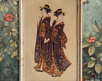 Stampa d'arte Geisha lesbica, Poster Sapphic Ukiyo-e, Tradizionale giapponese, Arte della parete per amanti gay vintage, Opere d'arte Queer Japan, Donne in Kimono