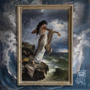 May include: A framed oil painting depicting a figure in a flowing white garment standing on a rocky cliff edge overlooking a turbulent, dark sea under a stormy sky. The figure reaches out with one arm while holding a draped fabric in the other.