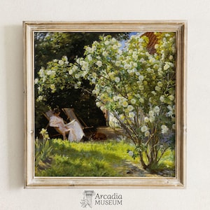 Impresión de mujer leyendo en el jardín, pintura de jardín de rosas, impresión artística de mujer en la naturaleza con perro, póster de paisaje primaveral, Peder Severin Krøyer