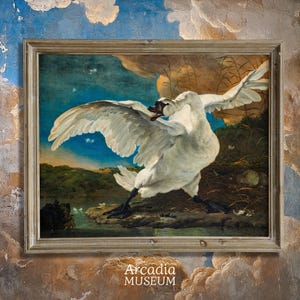 Il cigno minacciato, stampa di Jan Asselyn, poster giclée, dipinto vintage, arredamento Dark Academia