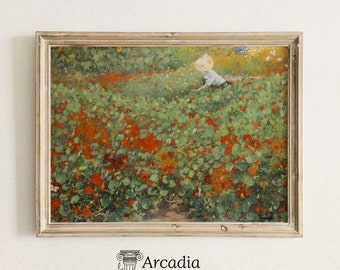 Pittura del prato di papaveri, stampa del paesaggio vintage Cottagecore, decorazione per la casa moderna della fattoria primaverile estate, poster del giardino del cottage stampato spedito