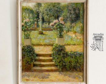 French Garden With Satue Art Print, Blooming Hydrangeas Flowers Poster, Vintage Painting, Henri Le Sidaner
