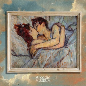 May include: A framed print featuring an impressionist-style painting of two figures embracing and kissing while lying in bed. The artwork uses visible, textured brushstrokes in shades of blue, white, and warm skin tones. The text Arcadia MUSEUM is visible.