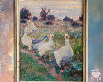 Goose Vintage Painting, Silly Geese Wall Art, Mothergoose Art Print, Country Cottage Farm Garden Animals, Spring Landscape Giclée Poster