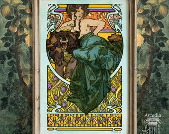 Woman And Bear, Alphonse Mucha Art Print, I Choose The Bear, 4b Feminist Poster, Man Bear Debate, Internet Trend, Meme, Vintage Art Nouveau