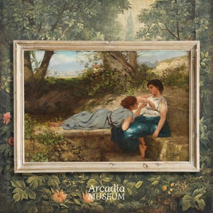 Puede incluir: Una pintura de dos mujeres en un entorno de bosque. Una mujer está recostada en una roca, mientras que la otra está sentada en una roca y la mira. La pintura está enmarcada en un marco de madera clara.