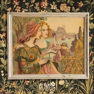 Subtil lesbisk vintagekonst, saffisk parträdgårdsaffisch, Wlw-tryck, kvinnor i naturen, boklig, jugend, gyllene legend av Armand Point