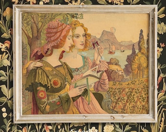 Sapphic Art Nouveau Print, Armand Point Golden Legend Poster, Cottagecore Wlw