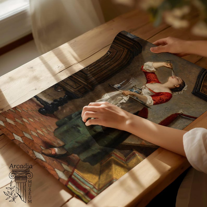 Puede incluir: Una impresi&oacute;n rectangular con una pintura cl&aacute;sica de una persona con corpi&ntilde;o rojo y delantal blanco sosteniendo un instrumento de vidrio en los labios, sobre un suelo de baldosas. En la esquina inferior izquierda aparece el texto Arcadia con un icono.