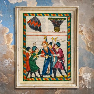 May include: A framed medieval manuscript illustration featuring a central figure in a blue tunic surrounded by four individuals in colorful tunics holding swords. Above them are a shield and a helmet, all enclosed in a striped border.