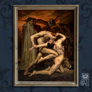 Dante e Virgilio all'Inferno di Bouguereau, stampa artistica Dark Academia, poster Moody, dipinto della Divina Commedia di Dante, morso alla gola in combattimento